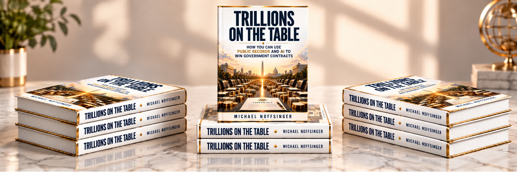 Stacks of Trillions on the Table hardcovers arranged on a marble desk